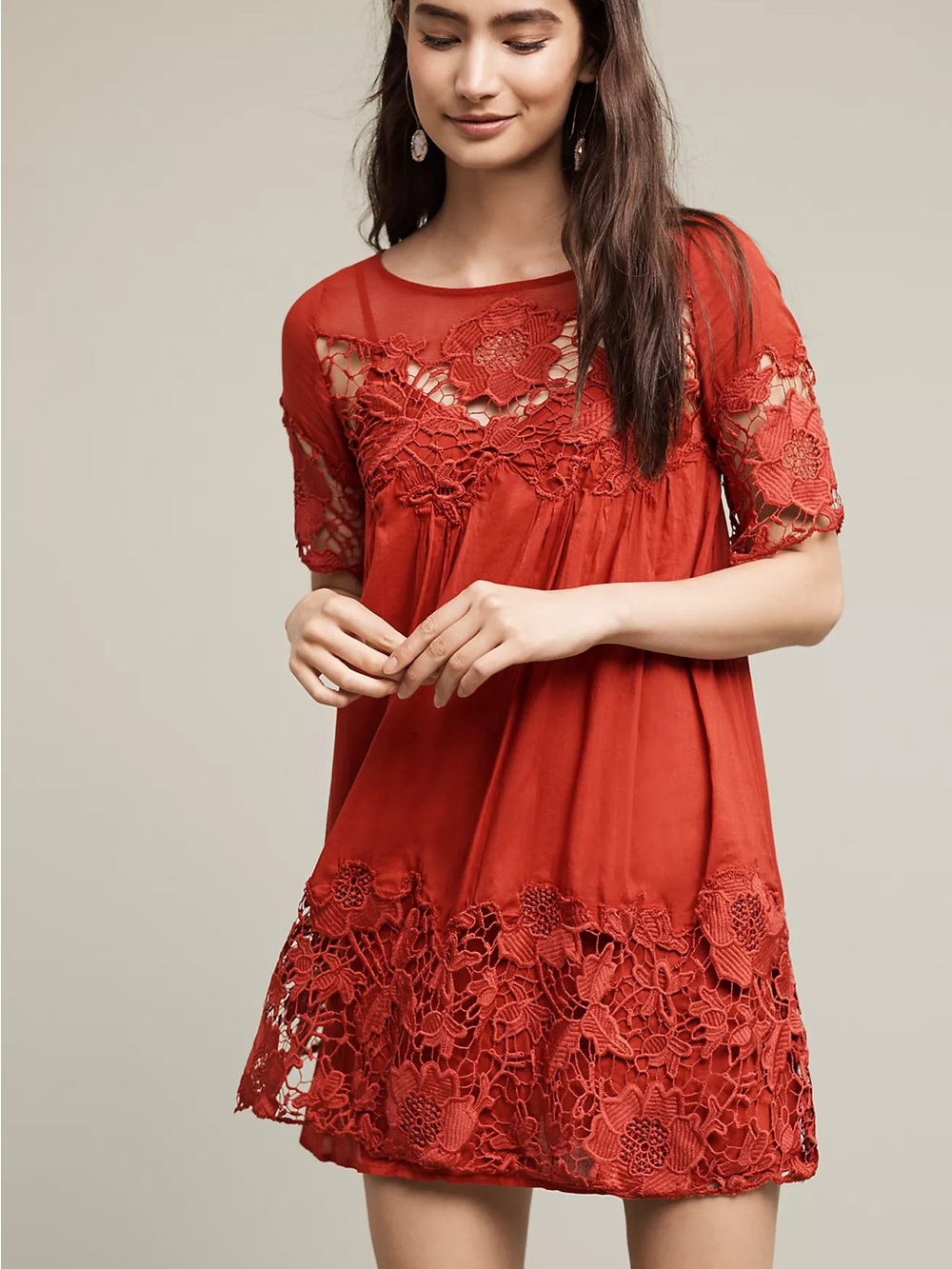 HOLDING HORSES Red Lace-Trim Midi Dress